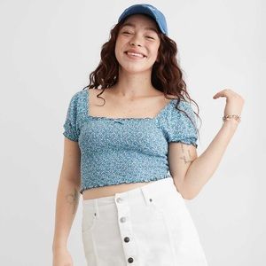 Aerie Smocked Puff Sleeve Crop Top